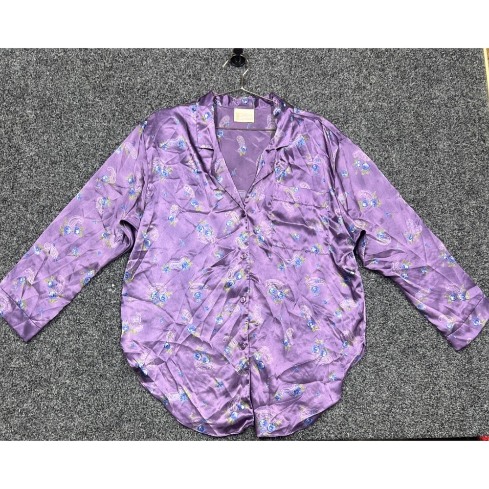 Vintage California Dynasty Pajama Top Womens L Purple Satin Floral Paisley Shirt